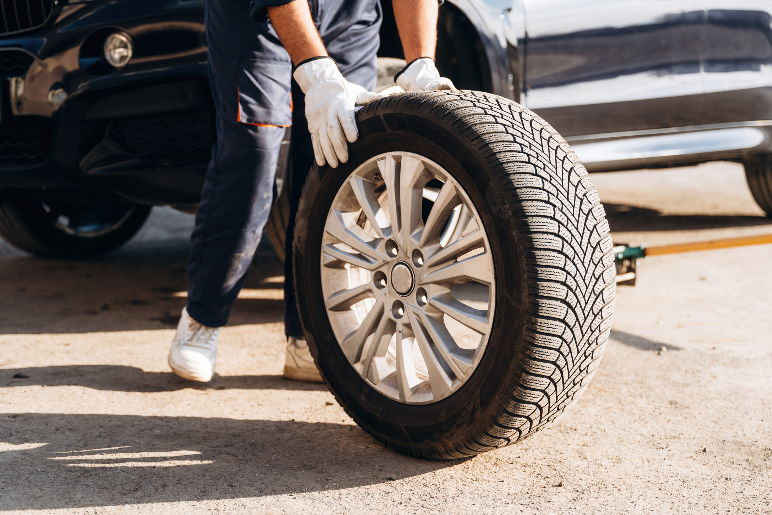 Close up view, with new tire.